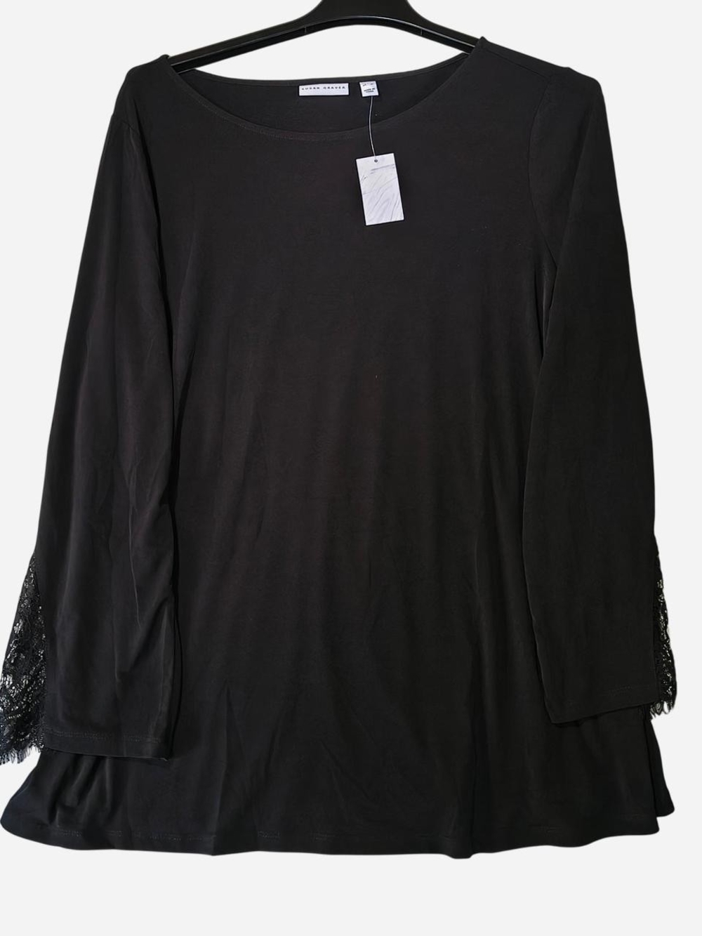 Susan Graver Black Long Sleeve Scoop Neck Tee with Lace Cuffs